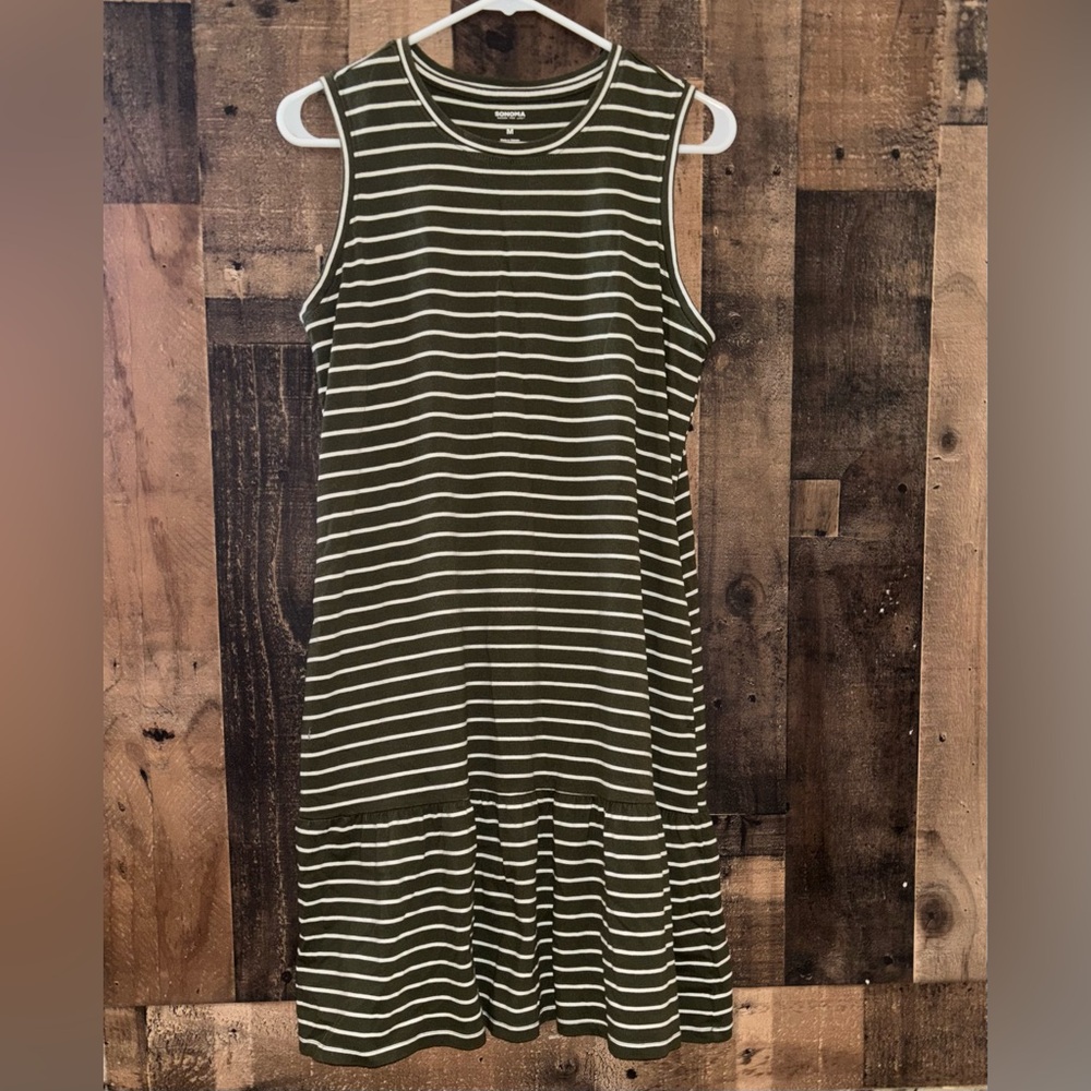 Women’s Sz M Sonoma Olive Green & White Striped Midi Dress